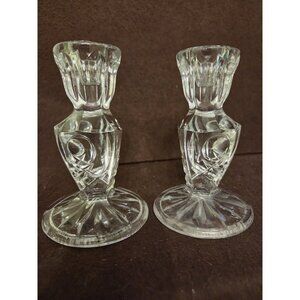 Pair 5" Candle Holders 3‎ Sided Pressed Glass Vtg